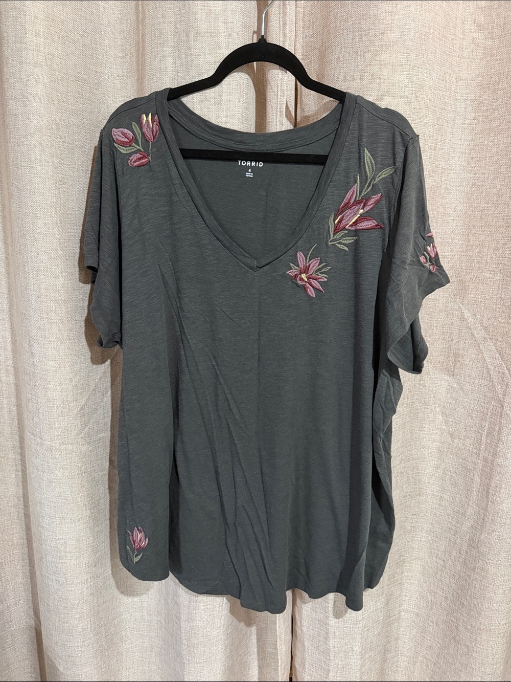 torrid Charcoal V-Neck Tee with Pink Floral Embroidery